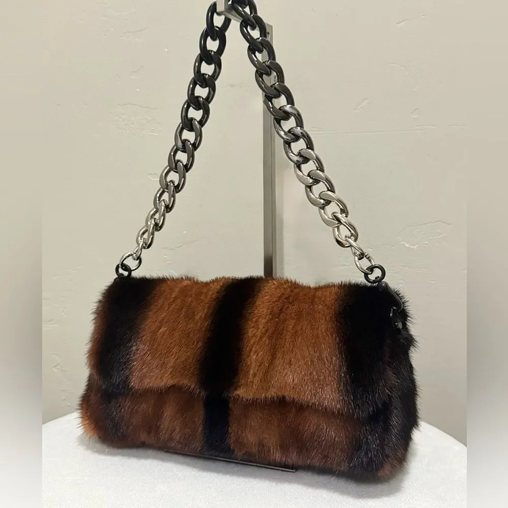 Brown Gradient Real Mink Fur Handmade Baguette Shoulder Bag, Multi Use Style
